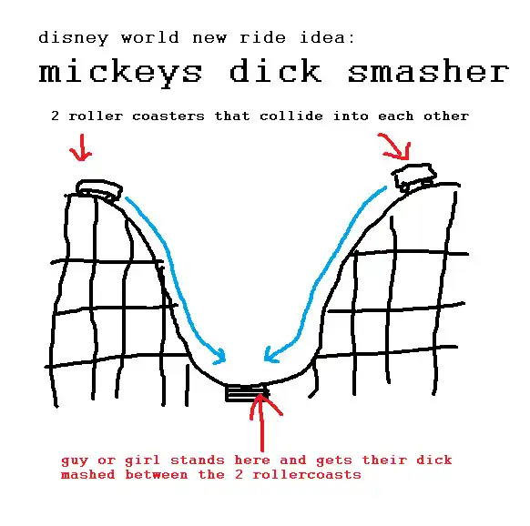 disney world new ride idea: mickey's dick smasher 2 roller coasters that collide into each other.. guy or gil stand here and gets their dick mashed between the 2 rollercoasts